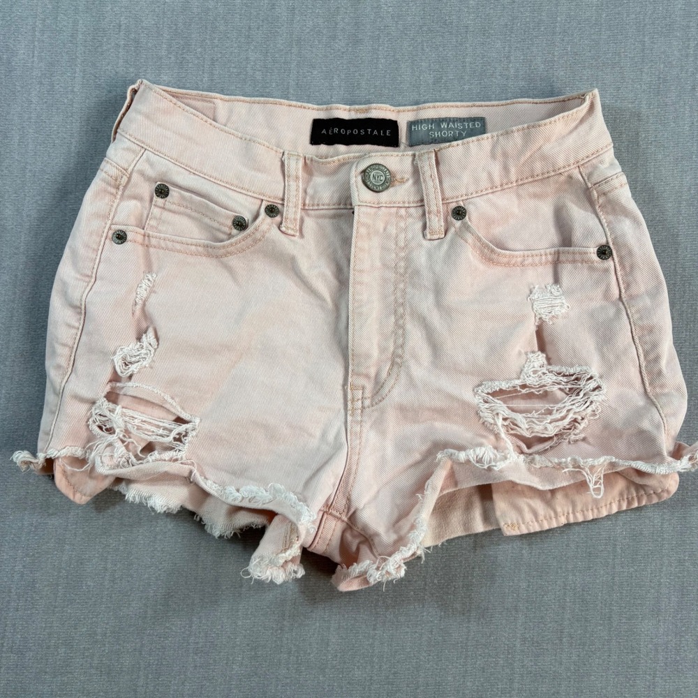 Aeropostale Denim Shorts Womens 2 Pink High Waisted Shorty Distressed Frayed Hem